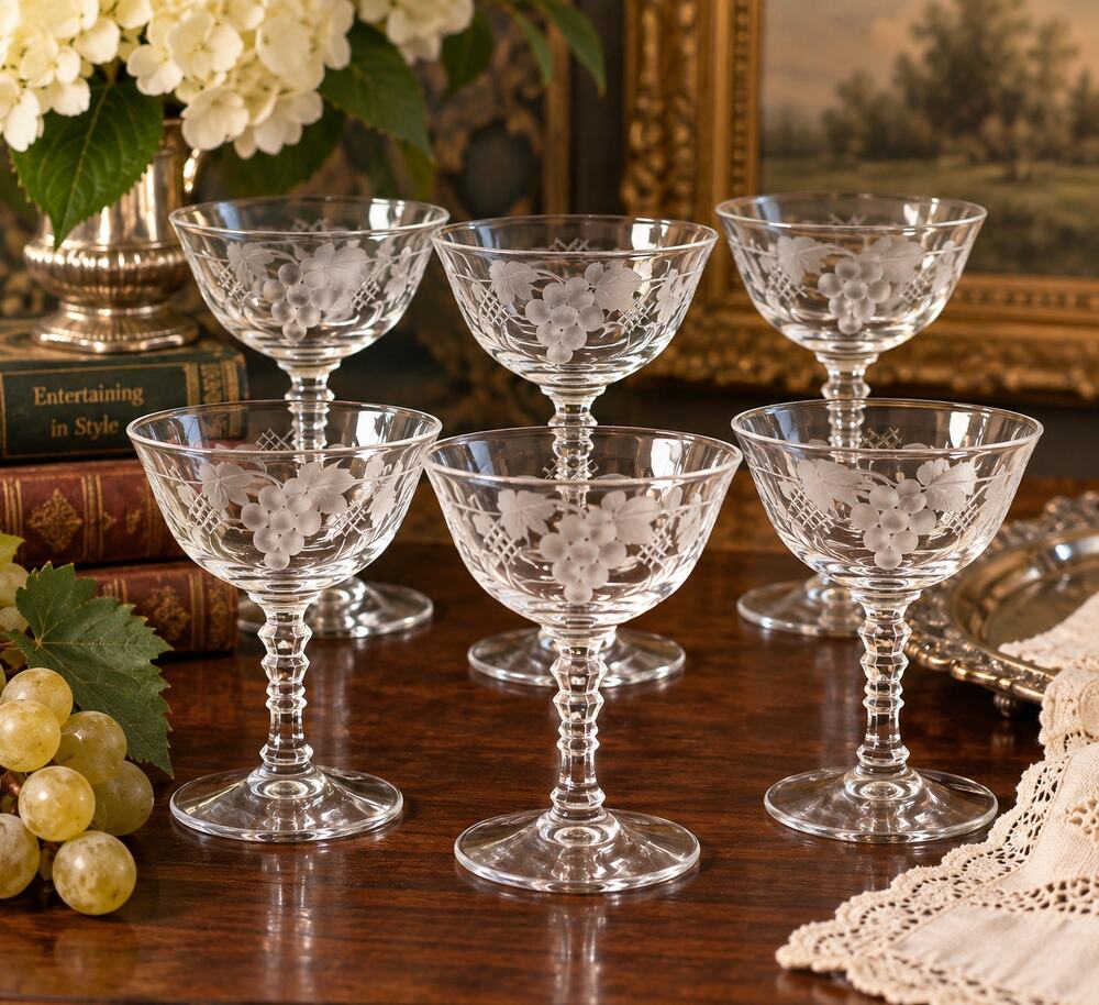 Vintage Crystal Coupe Glasses Set 6 Etched Grape Vine Stemmed Cocktail Goblets
